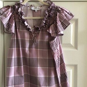 Ruffle-Neck Plaid Flutter Sleeve Blouse in Plum